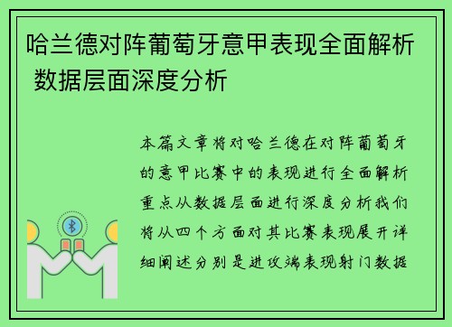 哈兰德对阵葡萄牙意甲表现全面解析 数据层面深度分析 哈兰德对阵葡萄牙意甲表现全面解析 数据层面深度分析